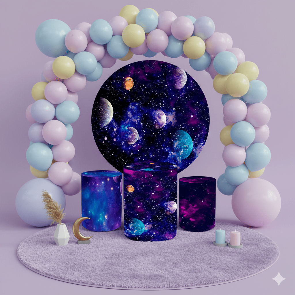 Trio de Capas Cilindros + Capa Painel Redondo Universo Planetas Galáxia Promoção Oferta Decoração De Festa