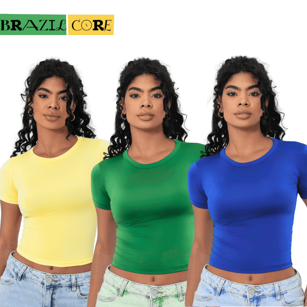 KIT 3 Baby Tee Feminina - Blusa Slim Fit Manga Curta - Blusa de Compressão - Baby Tee BrazilCore - Blusa Cores do Brasil