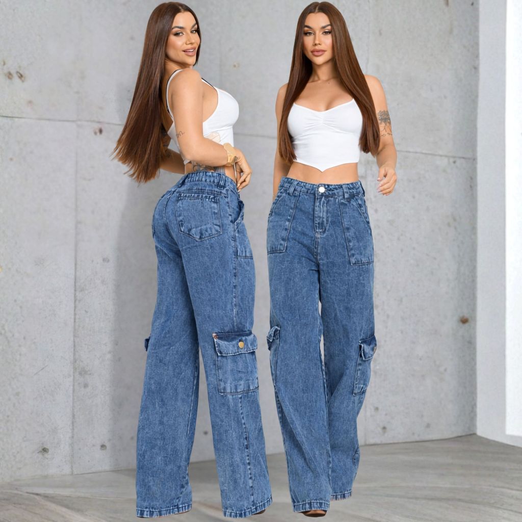 Calça Cargo Wide Leg Feminina Jeans 100% Algodão Cintura Alta Luxo Despojada em Oferta na Shopee