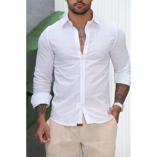 Camisa Linho Masculina Slim Fit Leve Fresca Elegante Confortável Casual Premium reunião casamento praia