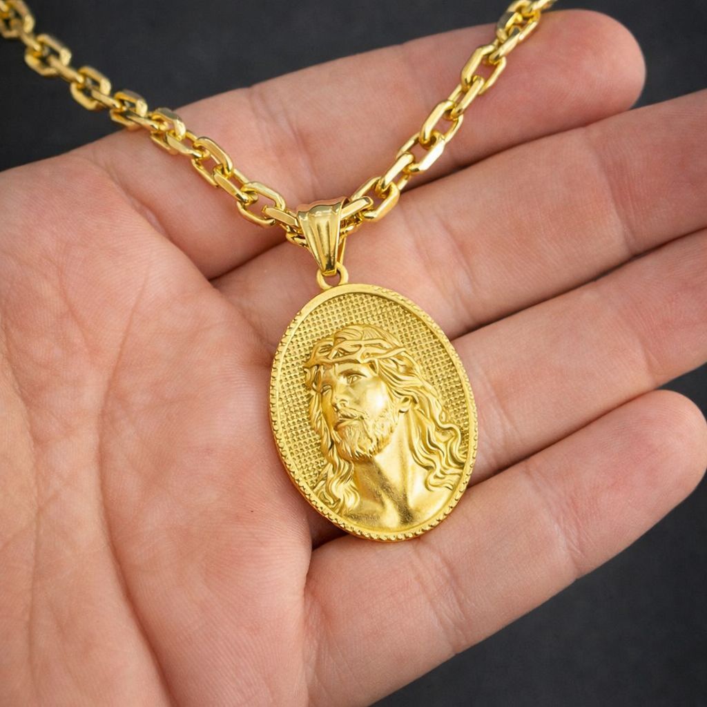 Conjunto Pingente + Colar Masculino Dourado com Pingente Jesus Cristo – Estilo Luxo 70 CM
