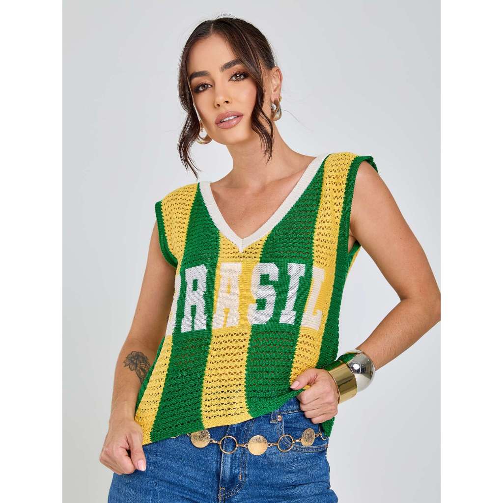 Regata Seleção Moda Copa Tecido Vazado Decote V Moda Torcida Peça Comfort Carnaval Brazilcore em Oferta na Shopee