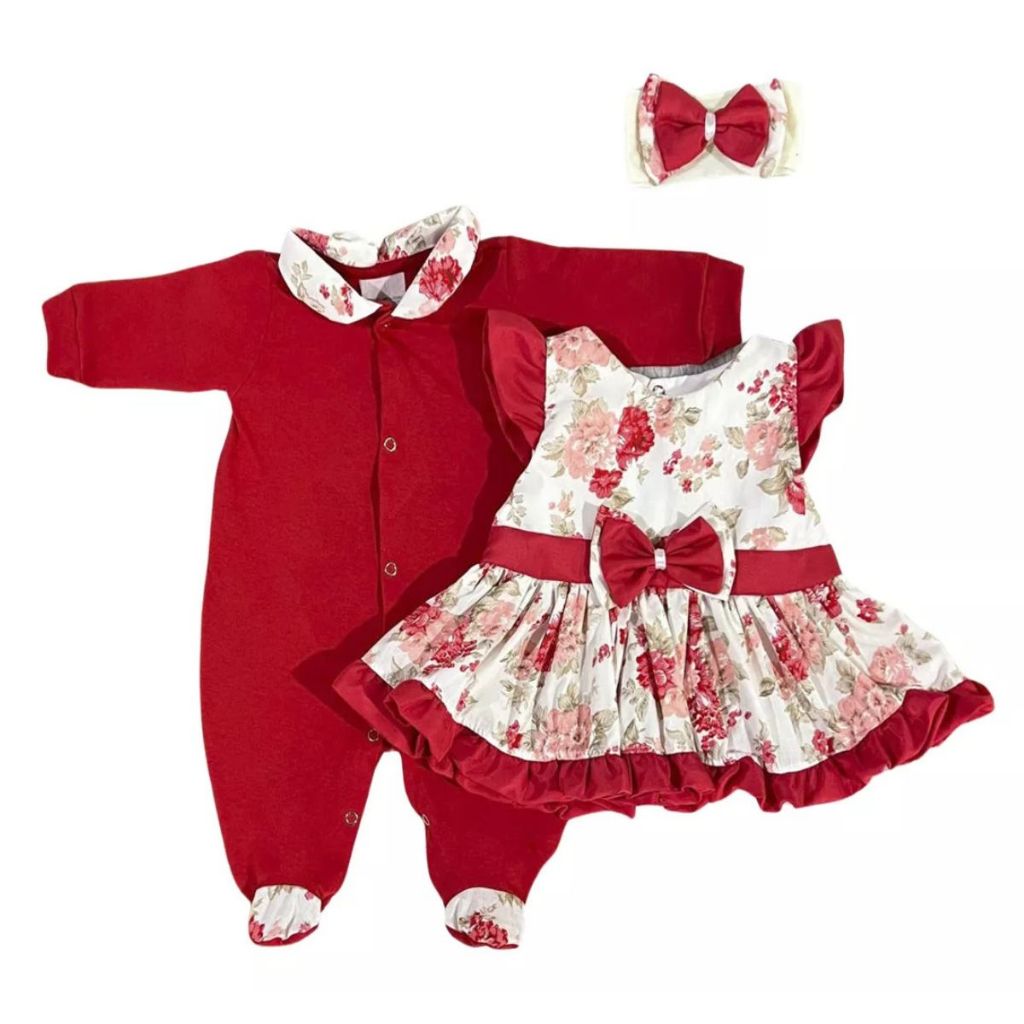 Saída Maternidade Menina Catarina Vermelho 5 Peças- Kit Maternidade Luxuosa Feminino