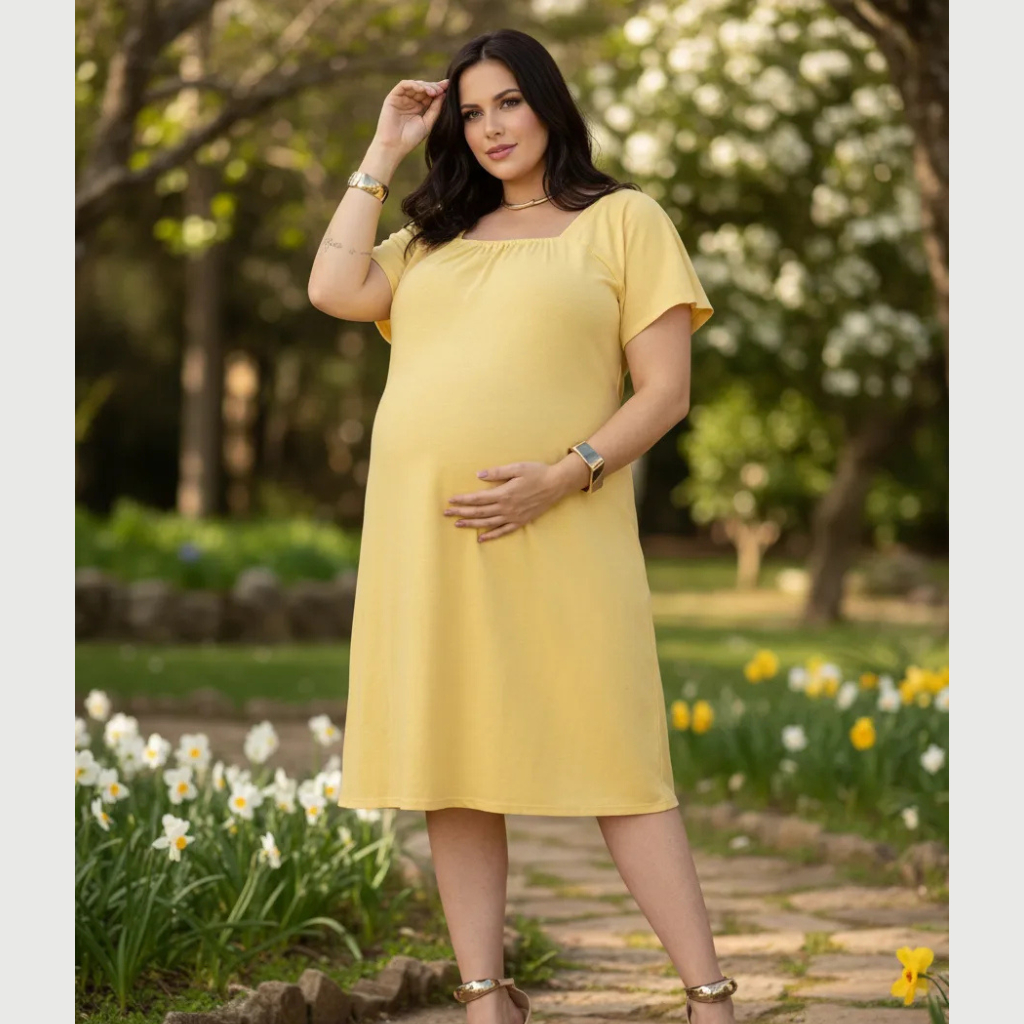 Vestido Gestante Mídi Manga Curta Confortável