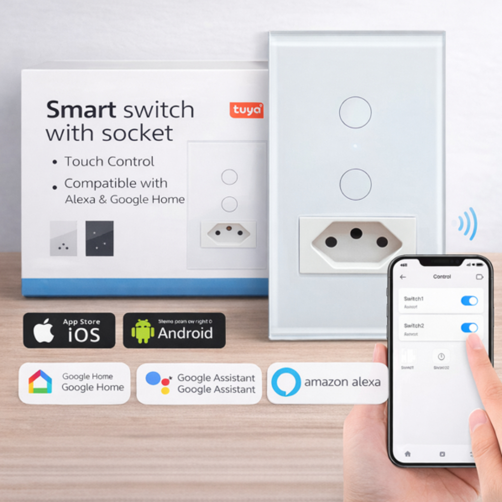Interruptor Touch 2 Botões E 1 Tomada Inteligente Wifi Teclas Alexa Google Smart Tuya