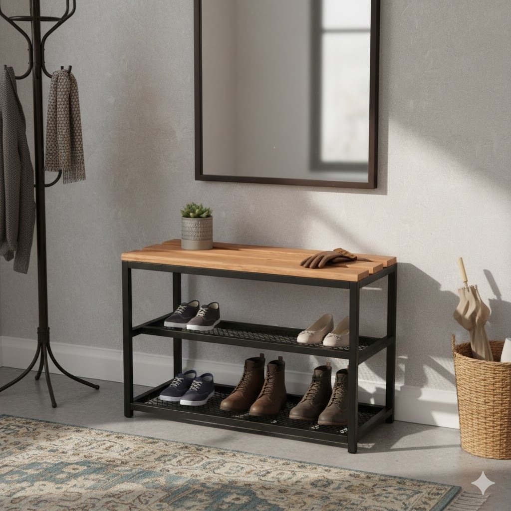 Sapateira Banco Industrial 70cm Madeira C/Tela 6 Pares Calçadeira Expositor Hall 2 Divisões