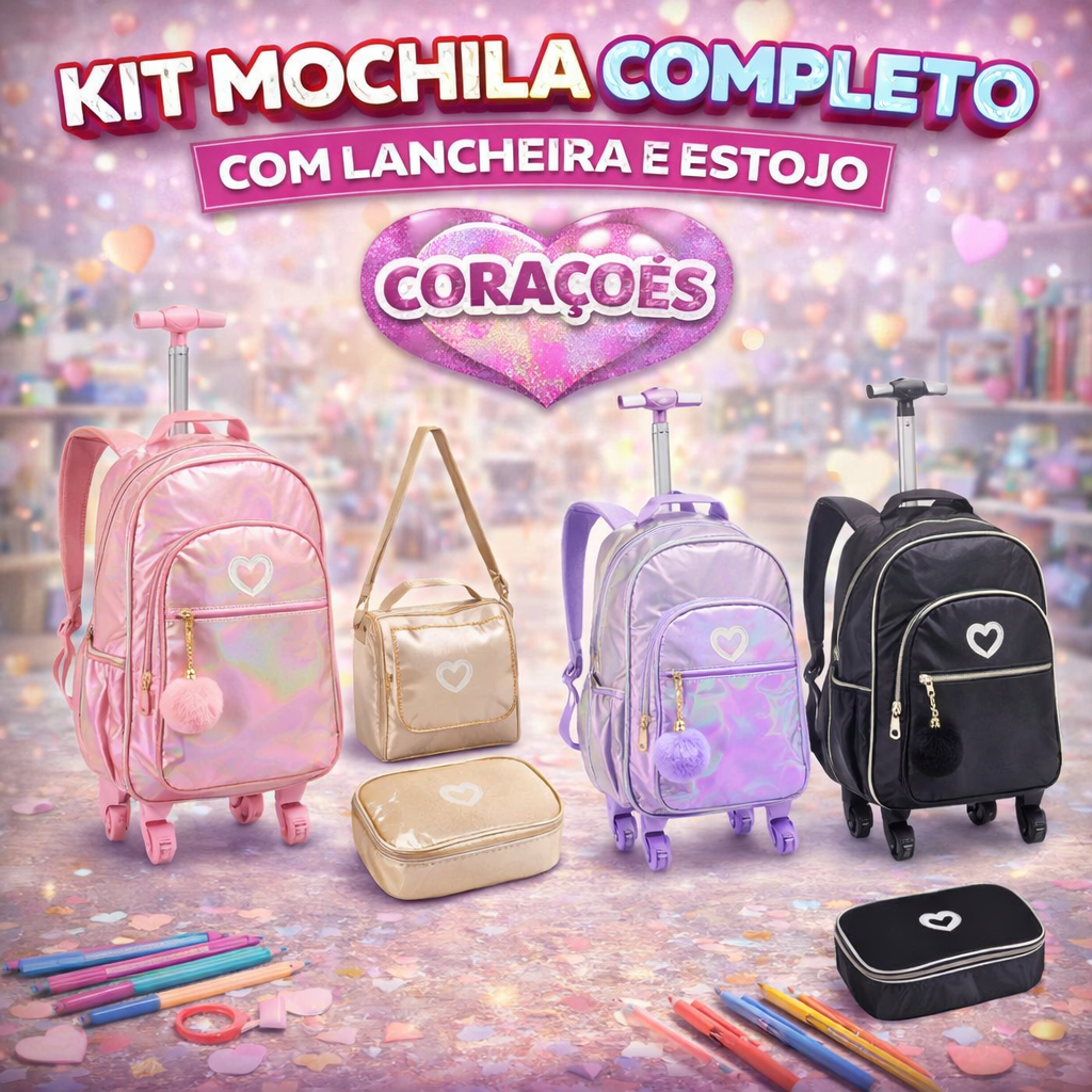 Kit Mochila Rodinhas Infantil Denlex Just Love + Lancheira Térmica + Estojo Escolar 3 Peças