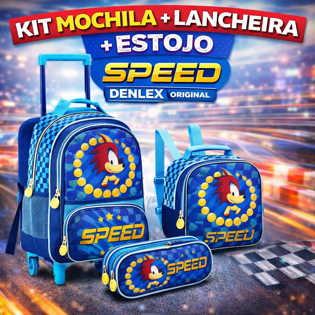 Kit Mochila de Rodinhas + Lancheira Térmica + Estojo Duplo Speed Sonic DENLEX Completo Azul