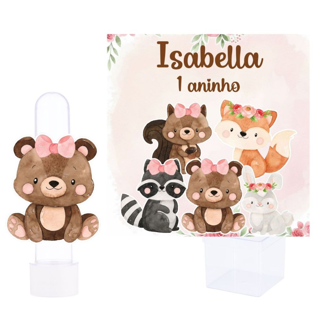 Kit Festa 20 Tubetes 3D + 15 Caixinhas Personalizadas Lembrancinha Bosque Encantado Menina