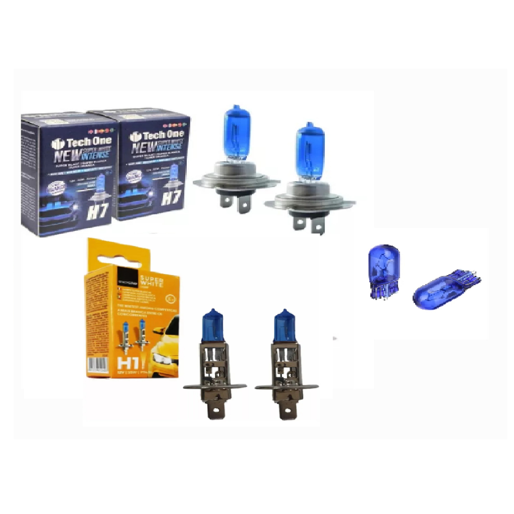 Kit de Lampada Super Branca para Farol e Lanterna H7 + H1 + Pingão T10 (1 Par de Cada Modelo) TECH ONE E CODE