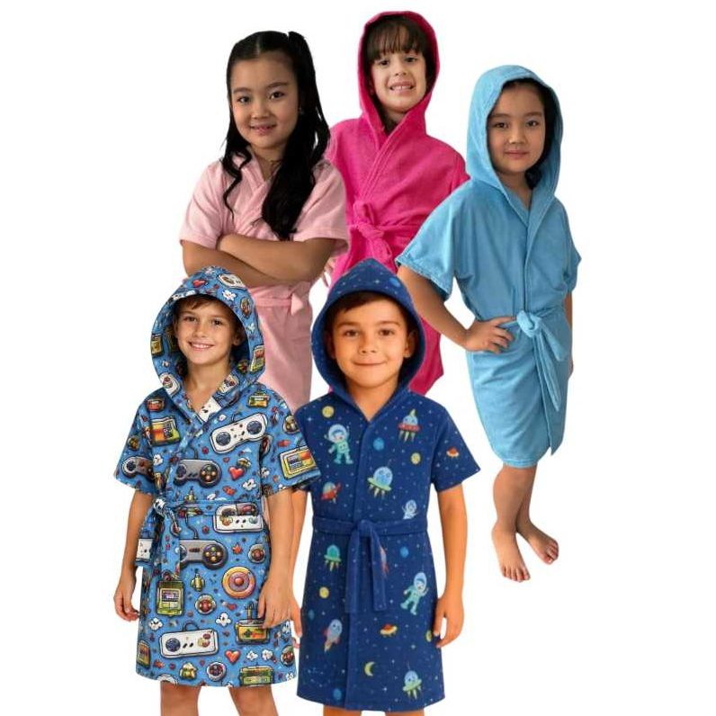 Roupão Infantil Banho Com Capuz Piscina Praia Felpudo Infantil-Juvenil Menina e Menino