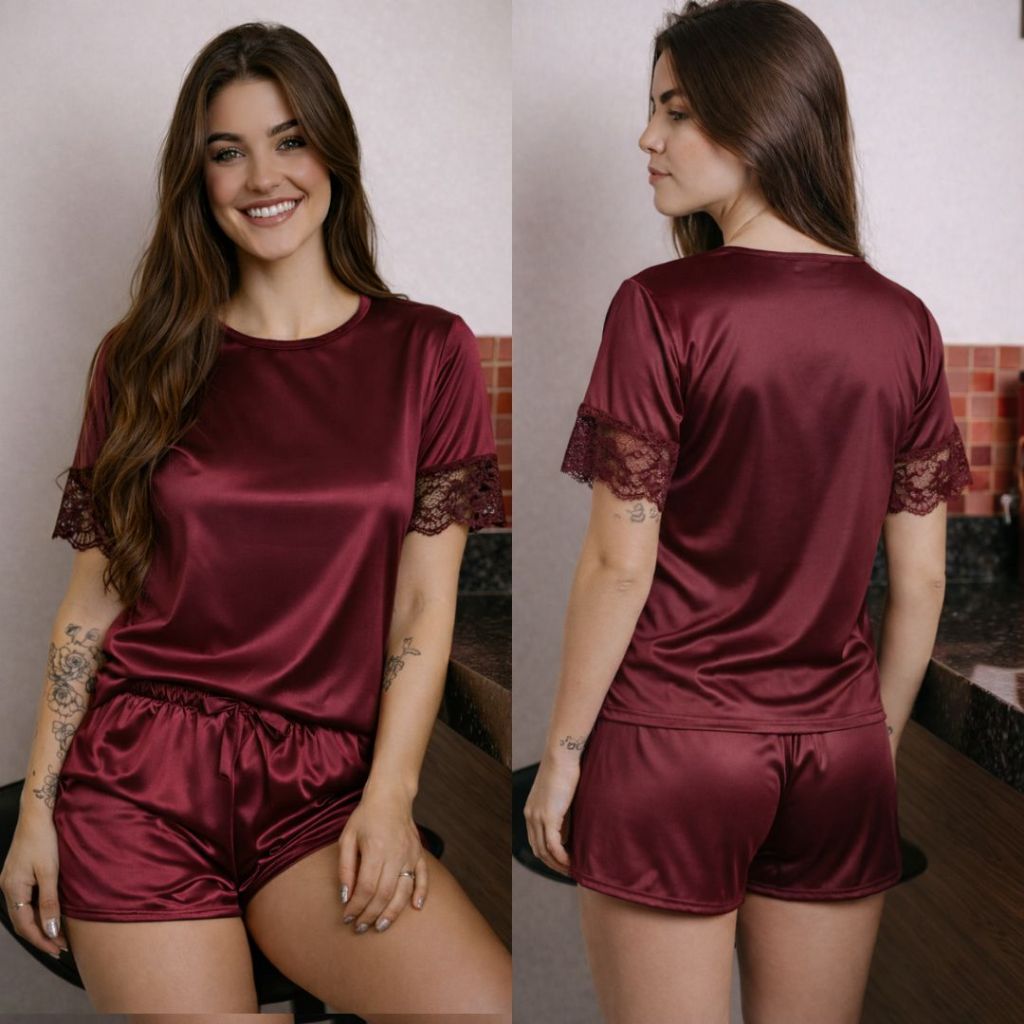 Baby Doll Feminino Cetim de Seda com Renda Pijama Curto Luxo Confortável em Oferta na Shopee