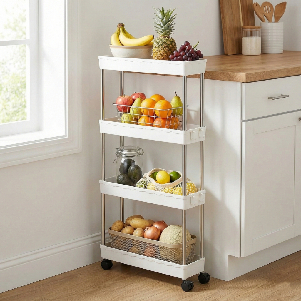 Carrinho Organizador Slim Estreito 4 Andares Multiuso Com Rodinhas - Cozinha Lavanderia Banheiro - Hastes de Aço