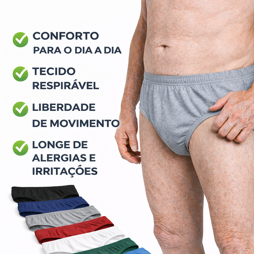 Cueca Slip Vovô, Elástico Embutido , 100% algodão, kit 3,6, Nao Aperta, Nao Enrola