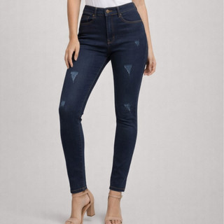 Calça Jeans Feminina Modelagem Skinny Com  Detalhe Riscado Azul Escuro Cós Alto  Bolsos Funcionais Ajuste Perfeito