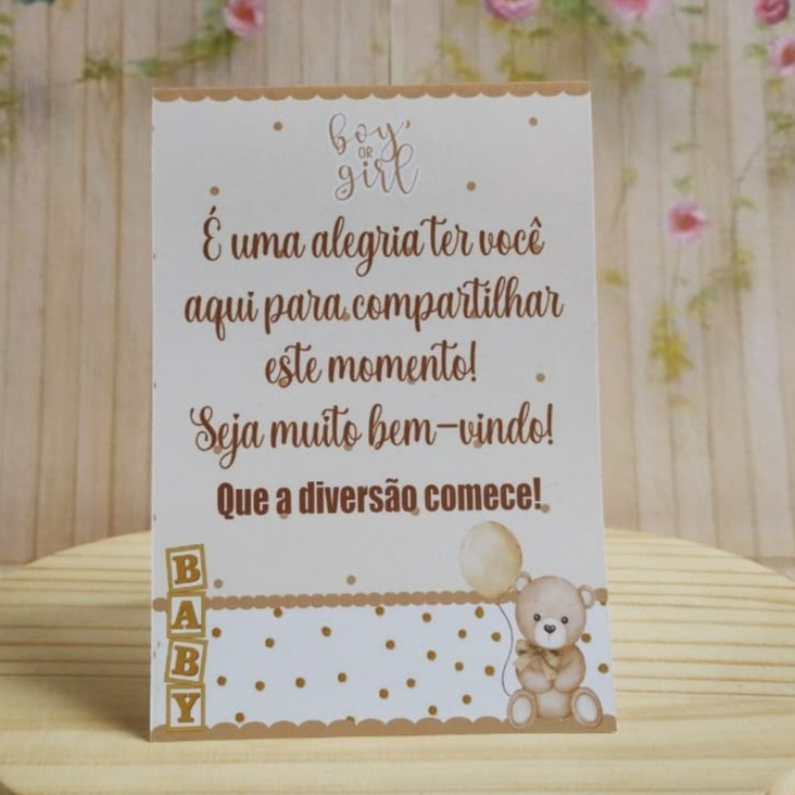 Plaquinha de Mesa Chá Revelação Ursinho Bege - Centro de Mesa - Festa Infantil