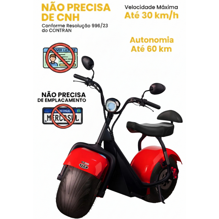 Scooter Moto Elétrica (Sem CNH) 1000W 60V TUI MAIS+ 2 Lugares autonomia até 60km Vermelho