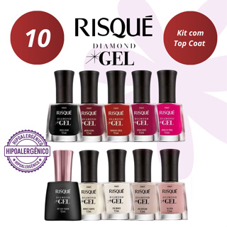 RISQUE UNHAS - KIT 9 ESMALTES DIAMOND GEL + 1 TOP COAT FIXADOR - HIPOALERGÊNICO - SEM CABINE em Oferta na Shopee