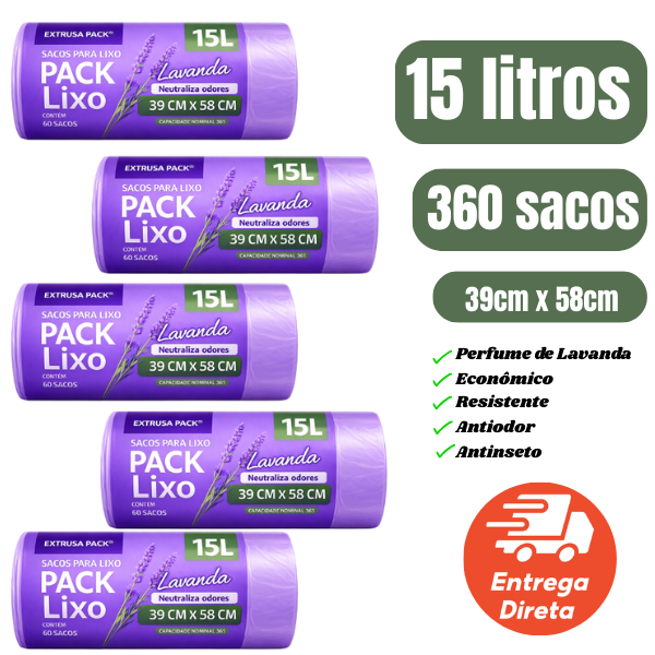 Kit Saco de Lixo Perfumado 15L Lavanda 2/3/4/6 Cheiroso Anti Inseto Neutraliza Odor