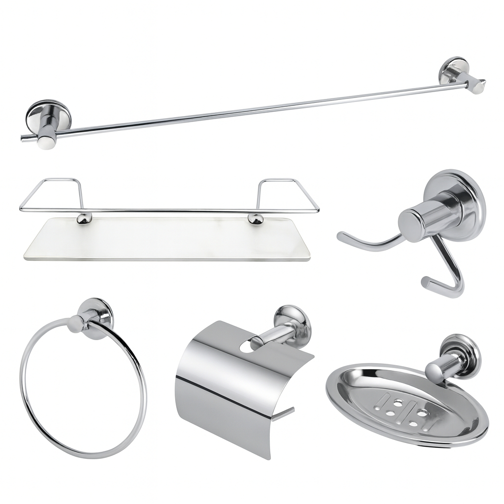 Kit Acessórios Para Banheiro Aço Inox 5 Peças + 1 Porta Shampoo Vidro Reto em Oferta na Shopee