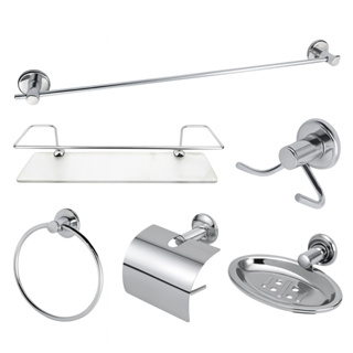 Kit Acessórios Para Banheiro Aço Inox 5 Peças + 1 Porta Shampoo Vidro Reto em Oferta na Shopee