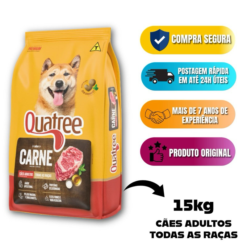 Ração Quatree Carne 15kg, Ração Premium para Cães Adultos Todas as Raças, Alta Palatabilidade em Oferta na Shopee