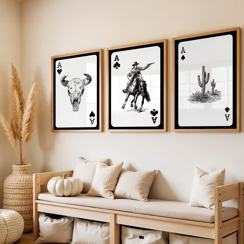 Kit 3 Quadros Decorativos Baralho Country Cowboy Caveira Cacto Western