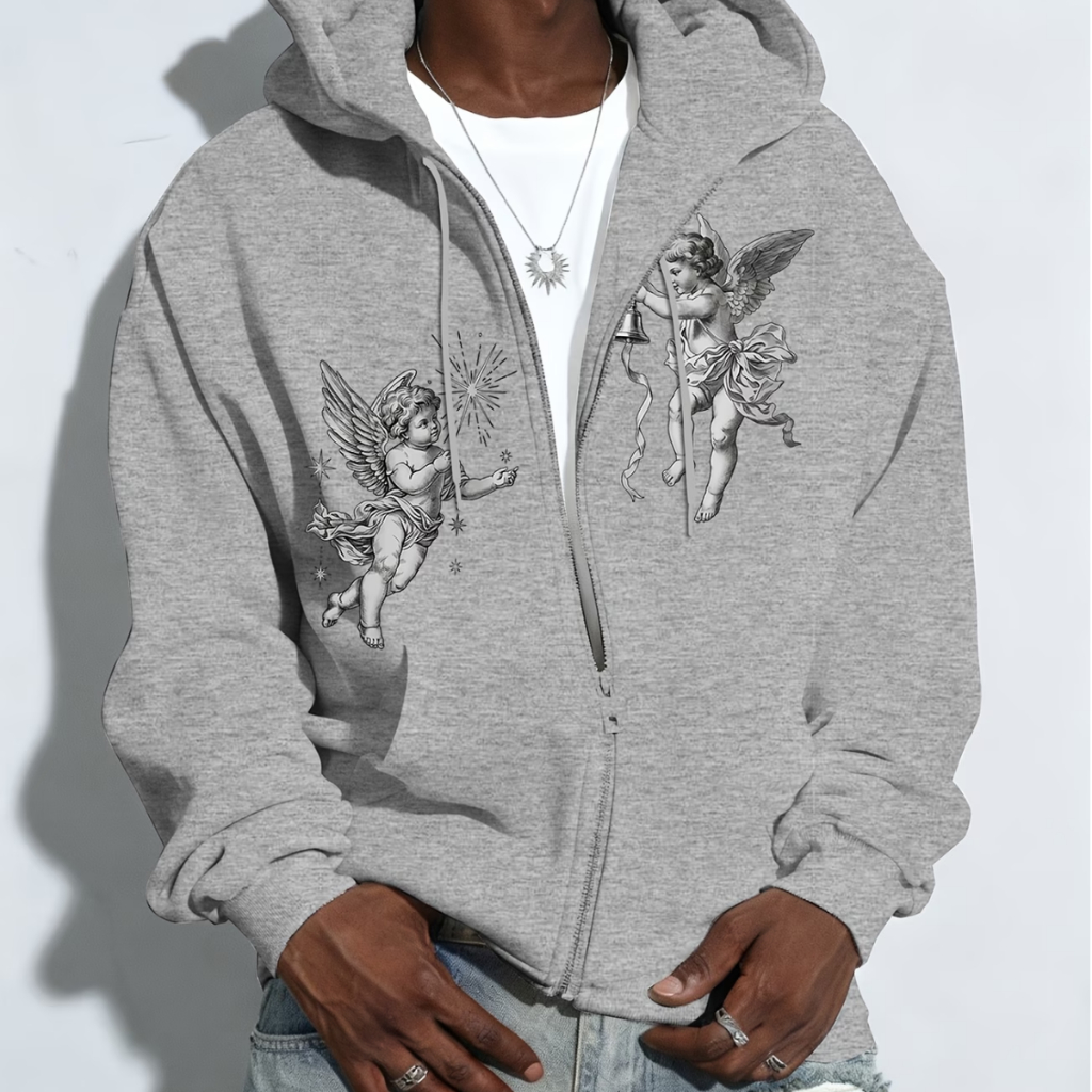 Blusa de Frio Masculina Cinza Anjos Estilo Street  Ziper Bolsos Fashion Urbano