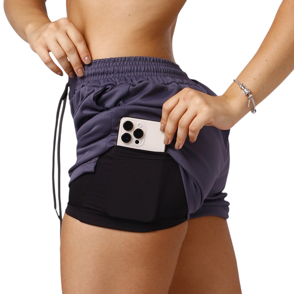 Short Duplo 2 em 1 DRY FIT Feminino com Compressão Academia Fitness Bolso Interno Confortável