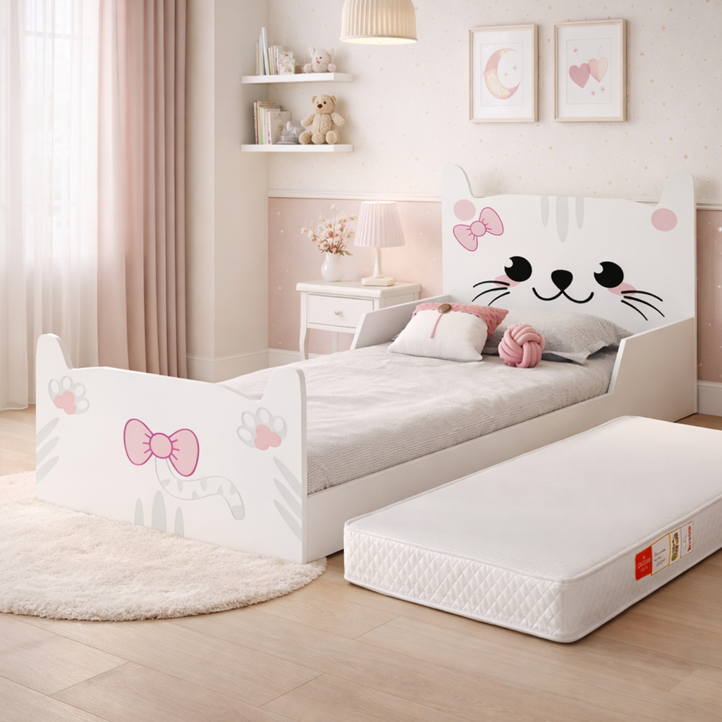 Cama Infantil Gatinho Branco Rosa em MDF Juvenil  para Quarto de Menina montessoriana com colchão em Oferta na Shopee
