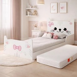 Cama Infantil Gatinho Branco Rosa em MDF Juvenil para Quarto de Menina montessoriana com colchão