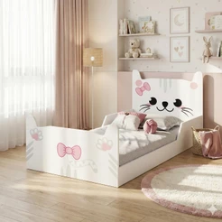 Cama Infantil Gatinho Rosa em MDF Juvenil Decorada para Quarto de Menina montessoriana