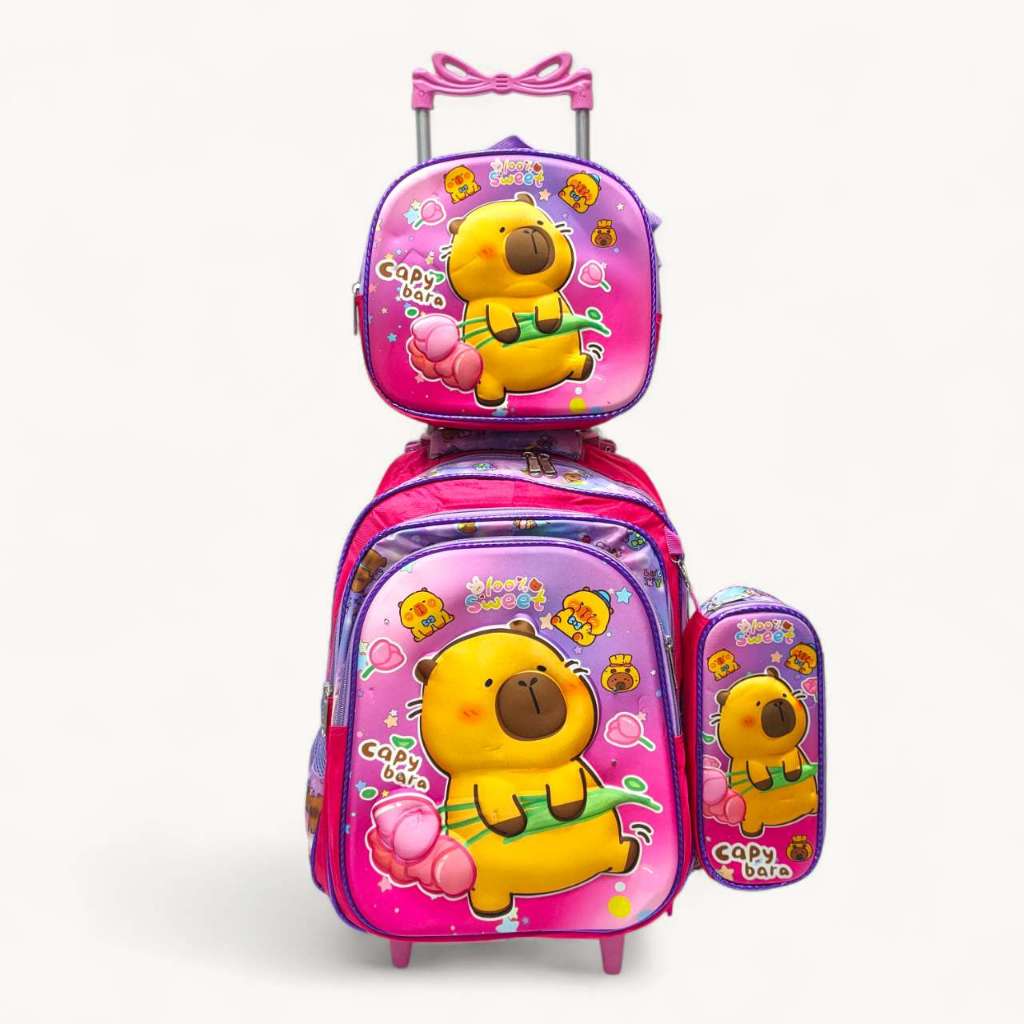 Mochila Infantil Capivara com Rodinha Kit 3 Peças Escolar Menina Fofa Lancheira Estojo Grande Capacidade
