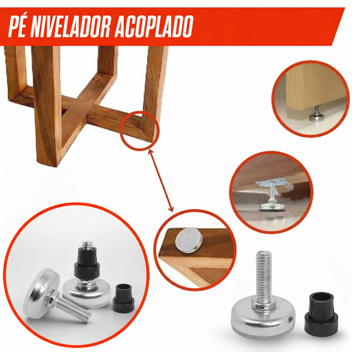 Kit 50/100 Unidades Pé Nivelador c/ Bucha p/ Móveis Armário Estante Sapata Niveladora Reforçada