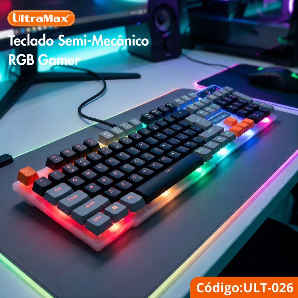 Teclado Semi-Mecânico Gamer UltraMax ULT-026 RGB Formato Full Size 100%  ABNT2 em Oferta na Shopee