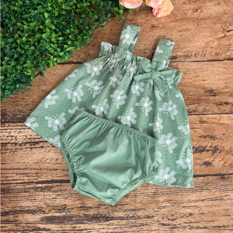 Vestido de Bebê Menina com Tapa Fralda Tricoline 100% Algodão 2 a 5 meses
