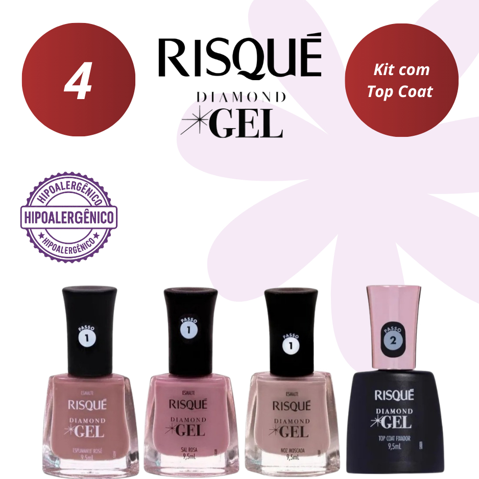 RISQUE UNHAS - KIT 3 ESMALTES DIAMOND GEL + 1 TOP COAT - ROSA NUDE ROSE HIPOALERGÊNICO SEM CABINE