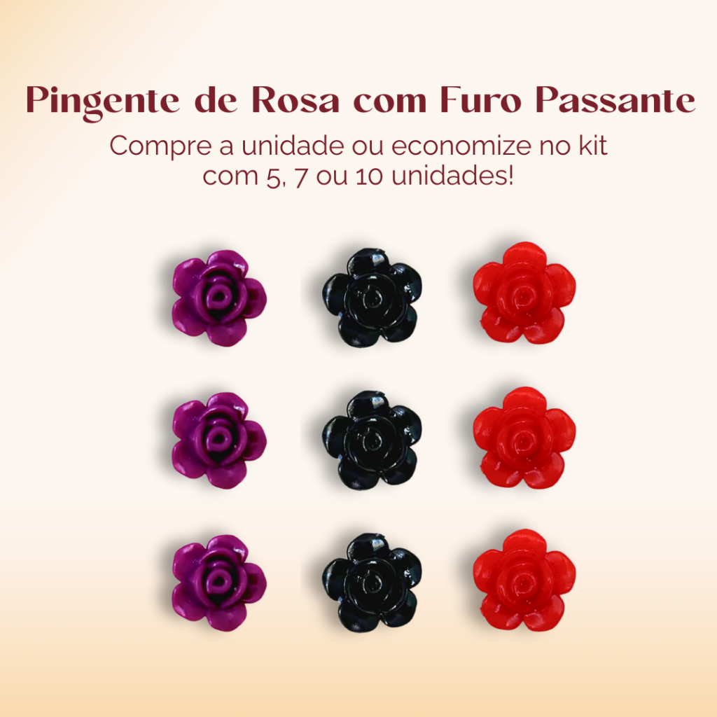 Pingente de Rosa Preta/Vermelha/Roxa em Resina 12mm com Furo Passante para Guias e Bijuterias