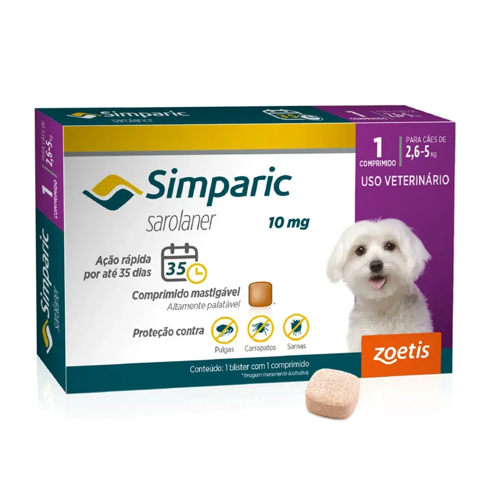 Simparic 10mg Antipulgas e Carrapatos Cães de 2,6 a 5kg – Pulgas, Sarnas e Carrapatos | 1 Comprimido em Oferta na Shopee