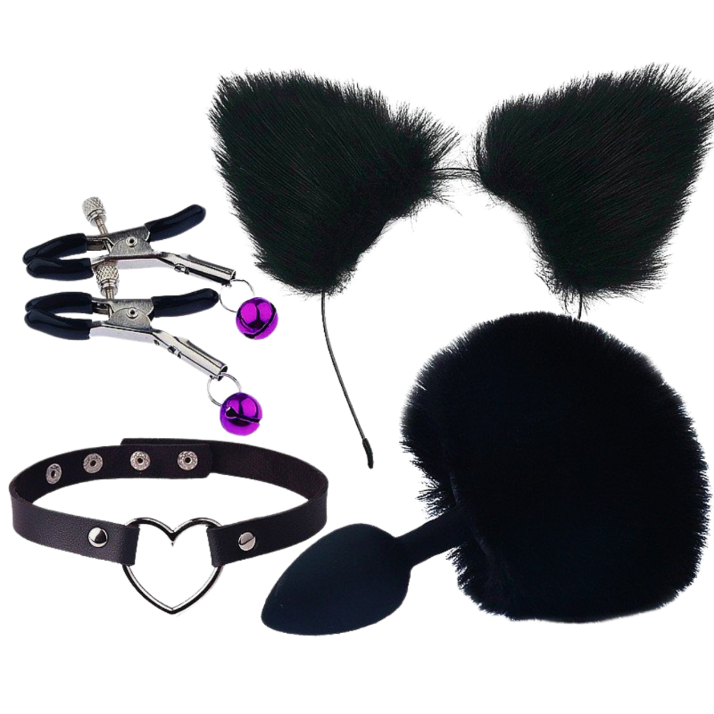Kit Plug Anal + Colar Gargantilha + Grampos Para Seios e Tiara Produtos Eróticos Para o Casal