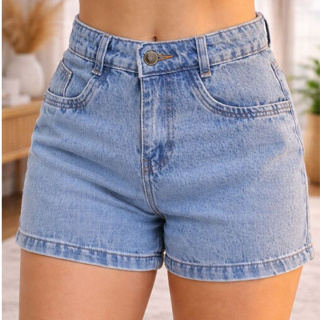 Short Jeans Feminino Cintura Alta Marmorizado 100% Algodão Sem Lycra Cintura Alta Bolso Confortável em Oferta na Shopee