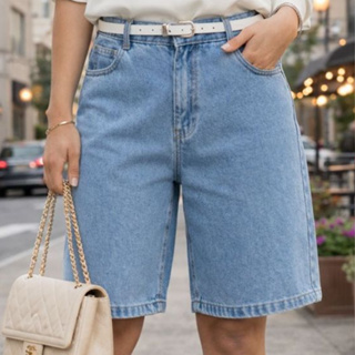 Bermuda Feminina Jeans Mom Pedal Sem Lycra Cintura Alta Comprida Marmorizada Confortável Elegante em Oferta na Shopee