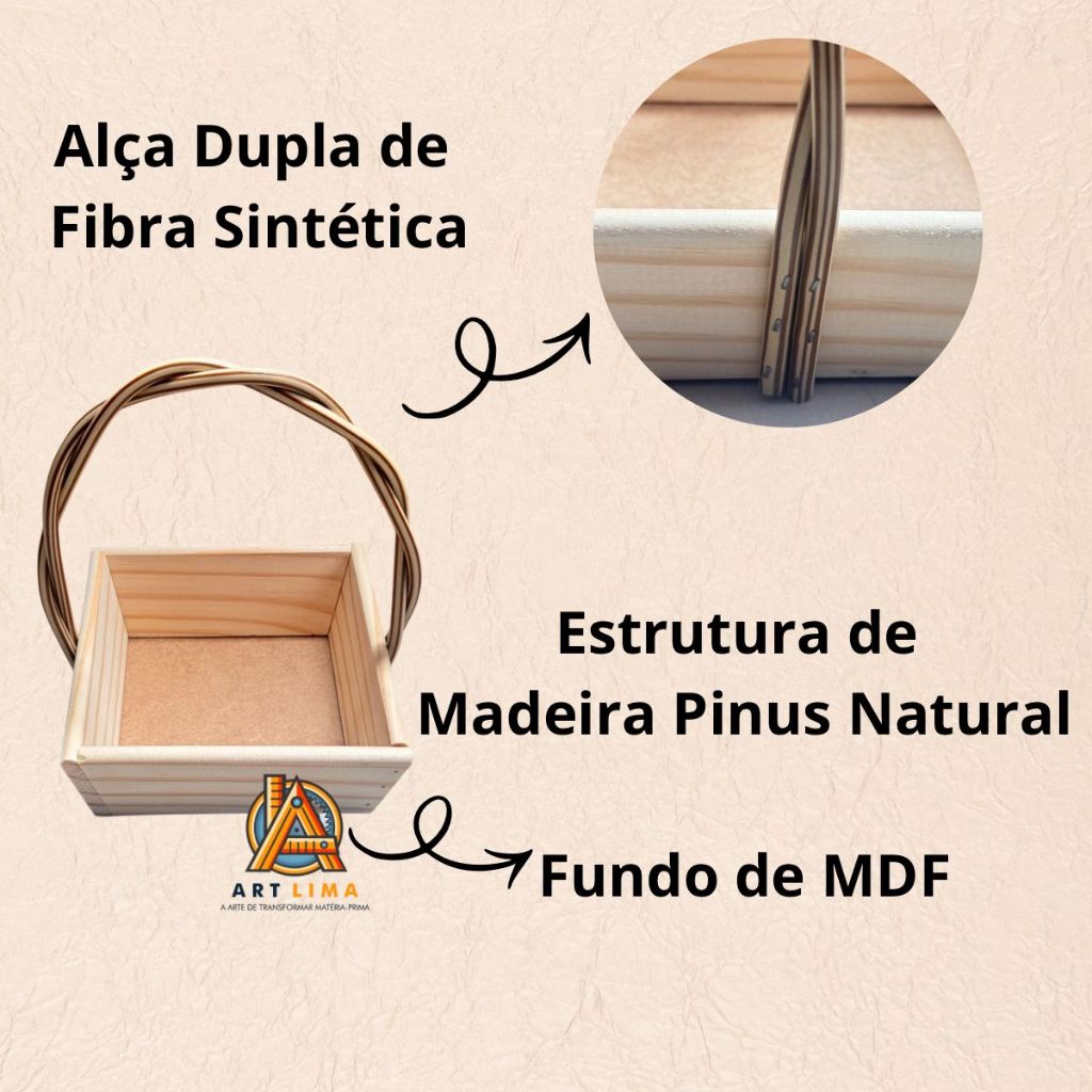 Detalhes do Kit com 5 Cestas Madeira Trapézio 14cm com Alça Trançada- Pascoa, Dia das Mães, Natal, Presente