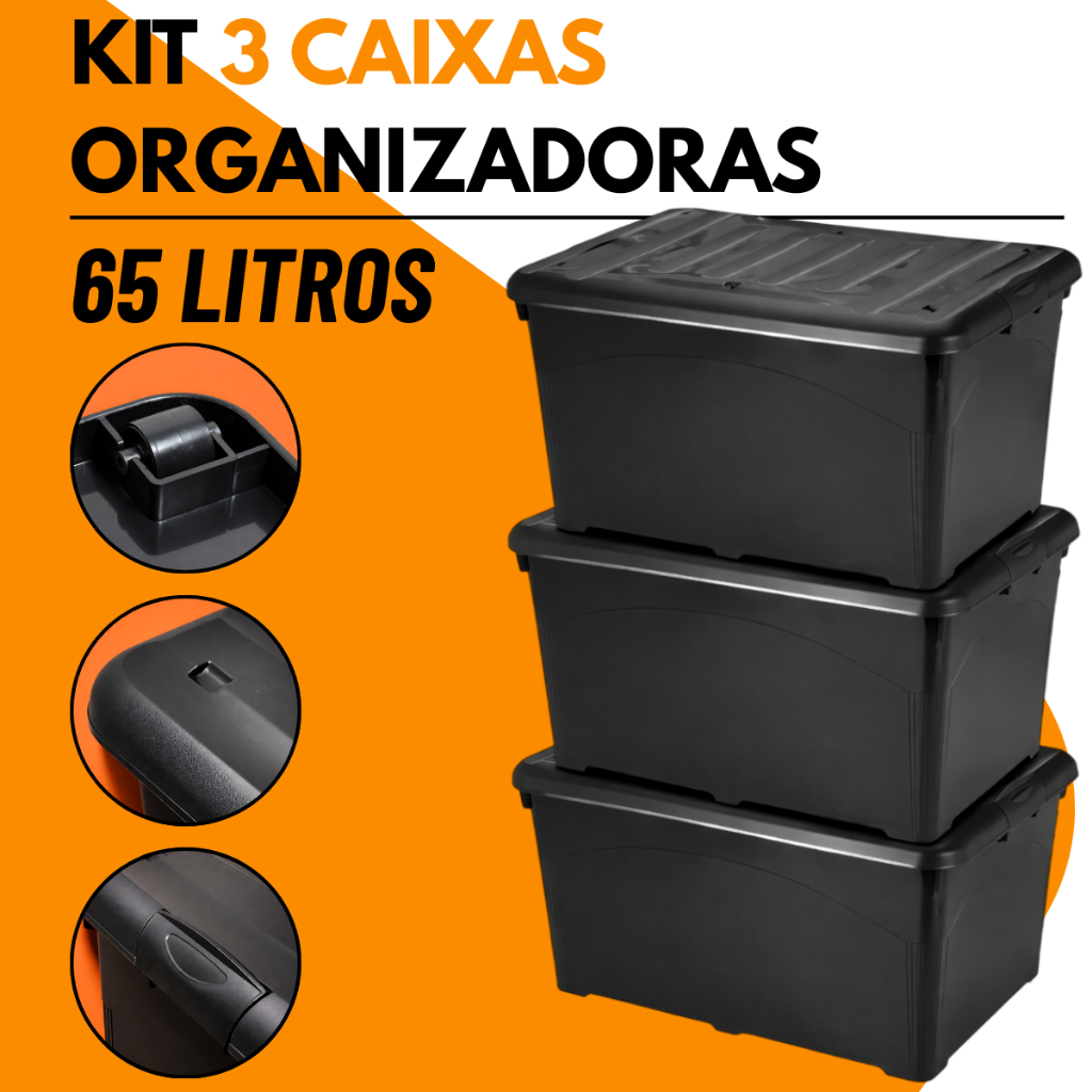 Kit 3 Caixas Organizadoras Reforçada Plástica 65 Litros Preta com Travas e Rodinhas Armazenagem e Organização