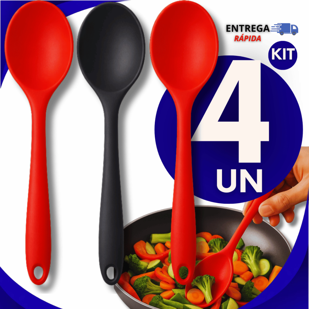 KIT 4 Colher De Silicone Cores Sortidas Utensílio De Cozinha Linha Premium Resistente Multiuso Utilidades Casa Cozinha
