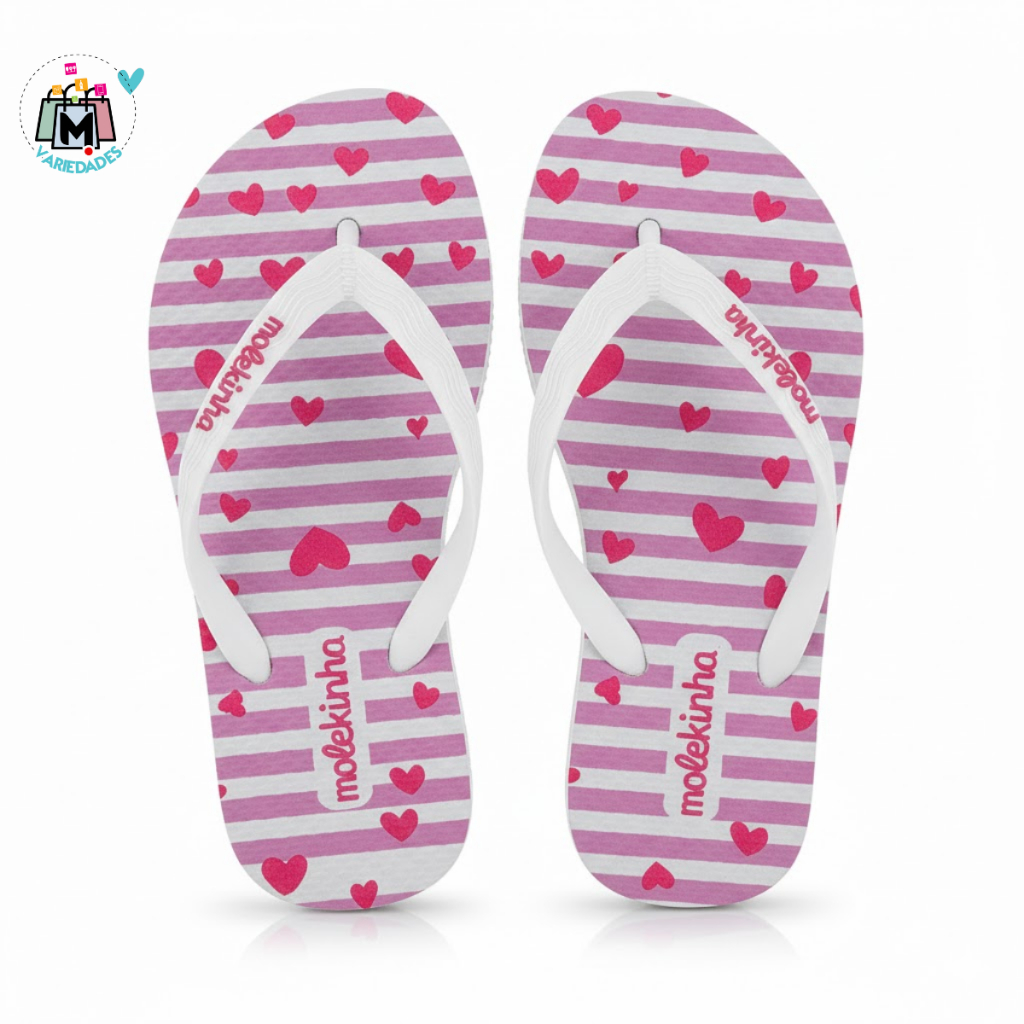 Chinelo Infantil Molekinha Branco com Estampa Corações Confortável