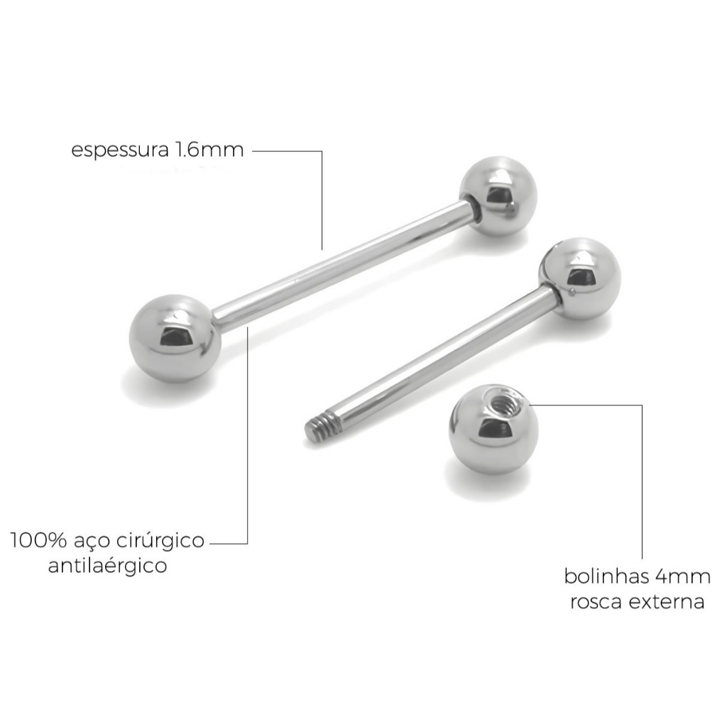 Piercing Barbell Aço Cirúrgico 1.6mm x12mm, 14mm ou 16mm - 1 peça