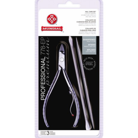 Kit Alicate de Cutícula Mundial Professional Premium 778-EP – 3 Peças (Alicate 722-PR + Espátula + Palito Inox)