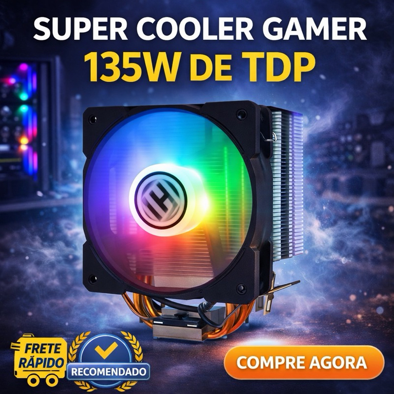 Cooler p/ Processador CPU RGB 4 Heatpipes Silencioso Alta Performance Intel AMD Suporte AM4 LGA1155