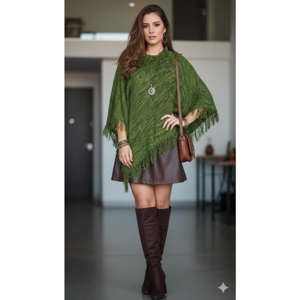 Capa Poncho Casual em Tricot de Frio Feminino com Franjas sem Manga para Inverno